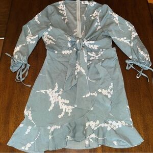 CUPSHE Tie Front 3/4 Ballon Sleeves Ruffle Mini Dress Sage Green Size XL